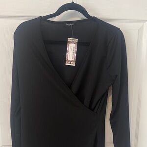 Boohoo Black Long Sleeve Wrap Dress